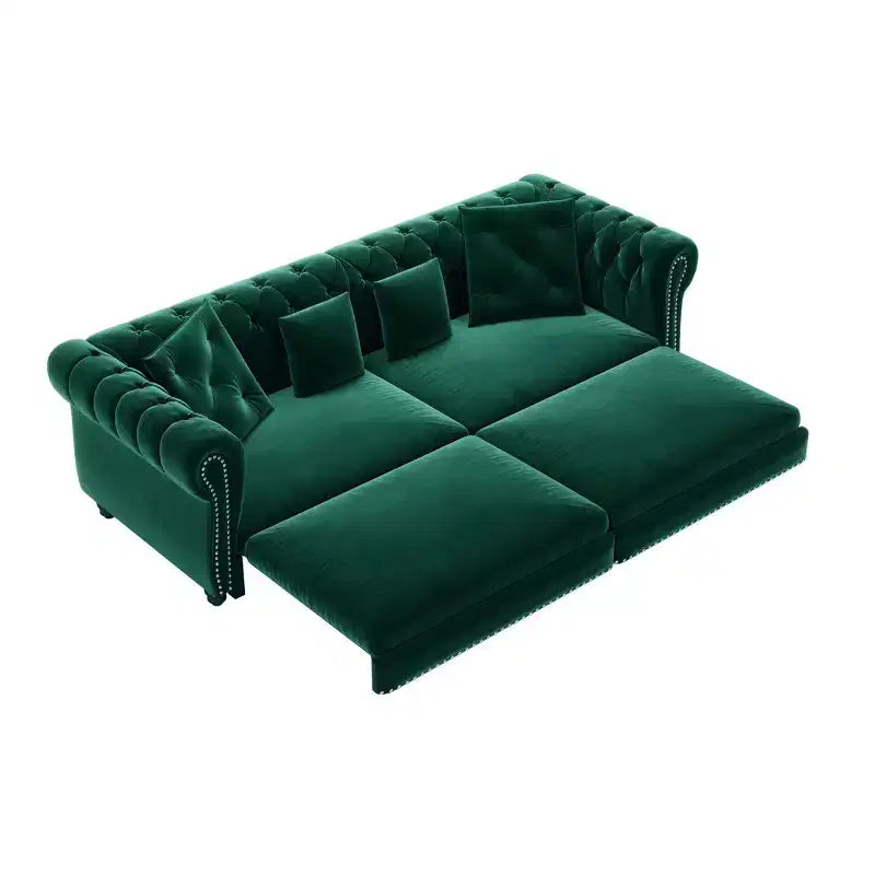 Whisen Samt-Schlafsofa in King-Size mit Ausziehfunktion und 3-in-1-Funktion, wandelbares Schlafsofa mit beweglichem Hocker und Steppdesign
