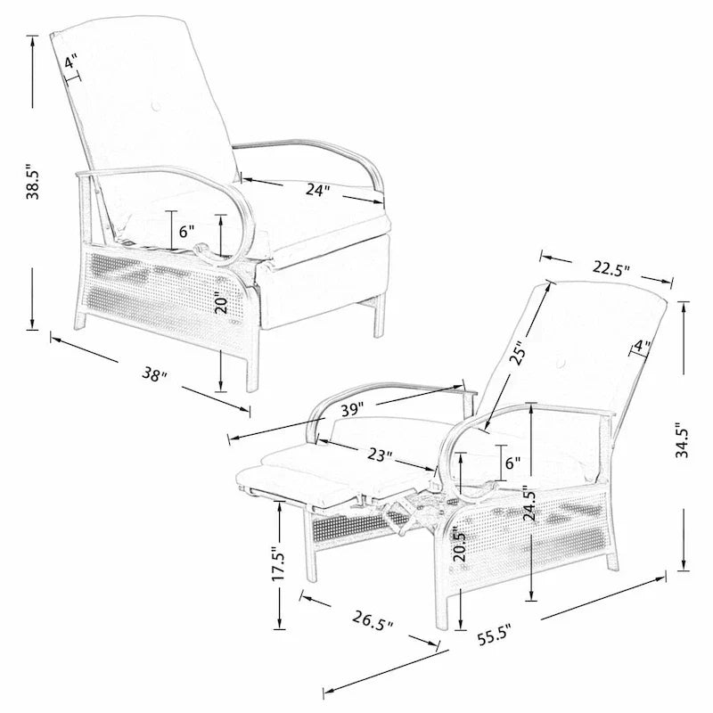 Verstellbarer Relaxsessel für Terrasse, Lounge-Sofa mit Kissen – 38 (T) × 26,5 (B) × 38,5 (H) Zoll