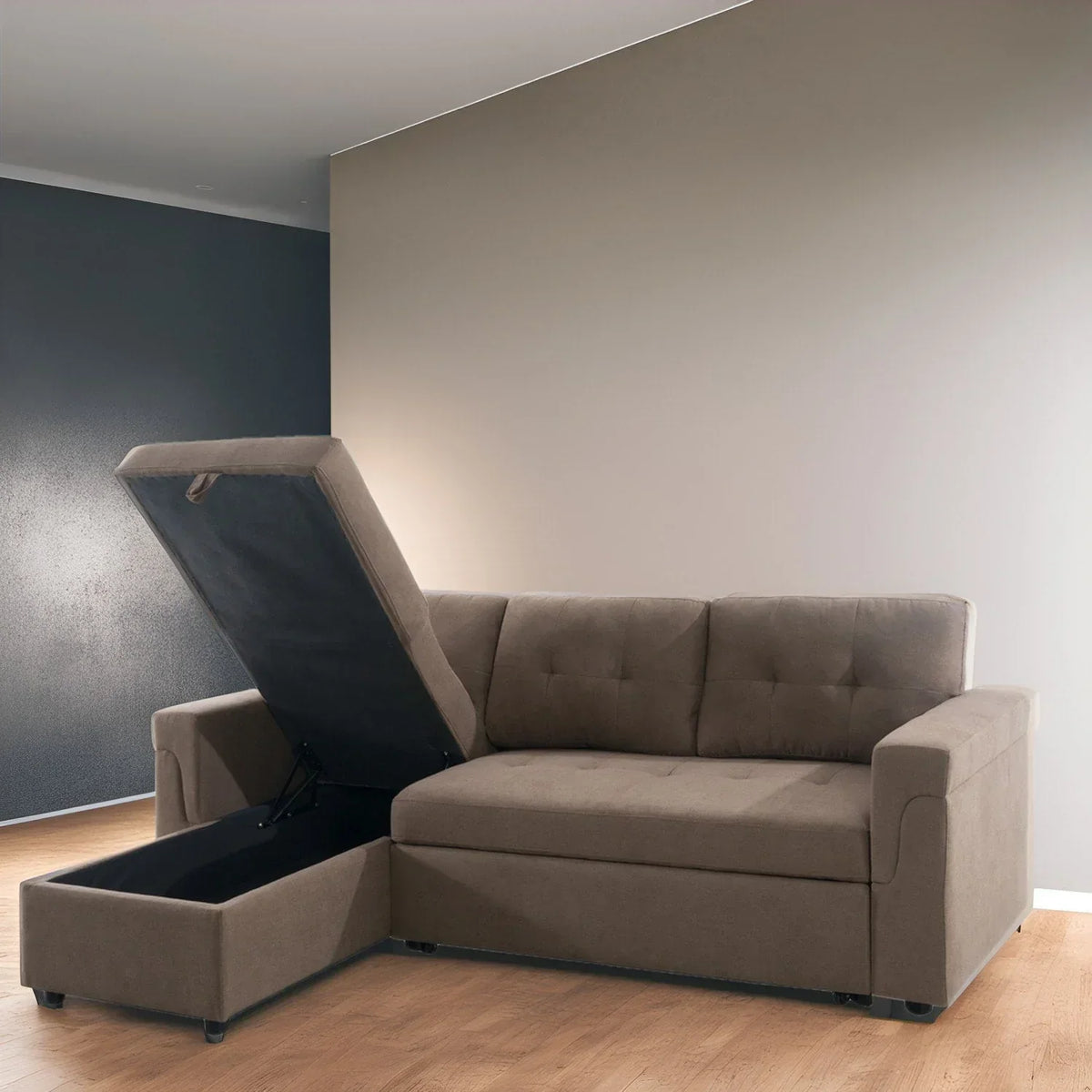 Divano componibile reversibile trasformabile con letto estraibile, chaise longue con contenitore nascosto e gambe resistenti