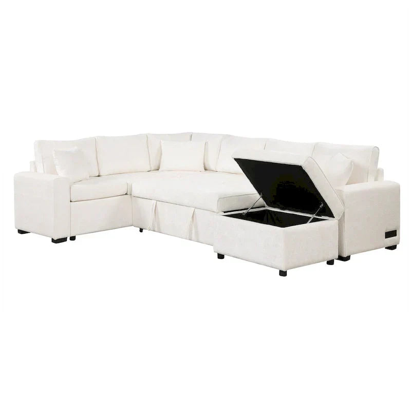 Chenille Sectional Sofa Pull-out Sofa Bed, L-Shape Sleeper Sofa with Storage Ottoman, 3 Pillows and Charging Devices