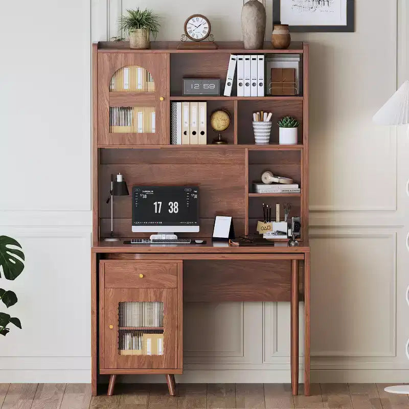 Scrivania da computer in legno per ufficio domestico Okak con piano/sedia e libreria, scrivania con contenitore per studenti e ragazzi per studio e ufficio