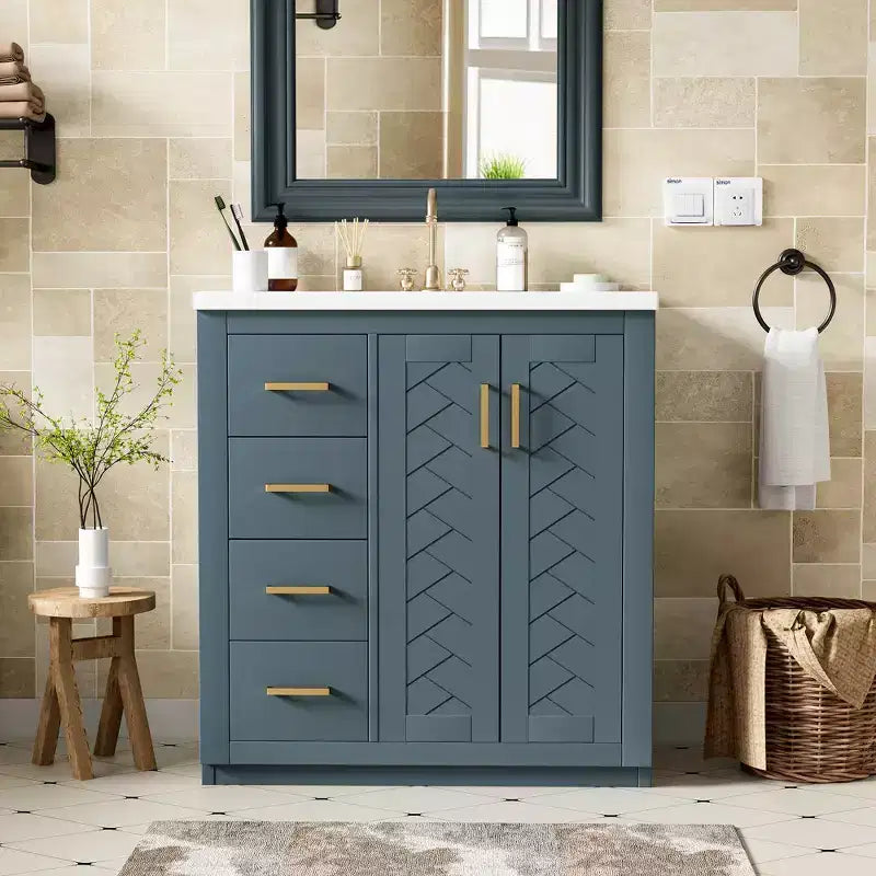 30-Zoll-Badezimmer-Waschtisch mit einem Waschbecken, Schrank und 3 Schubladen – Schwarz / Blau / Grün / Indigo / Weiß