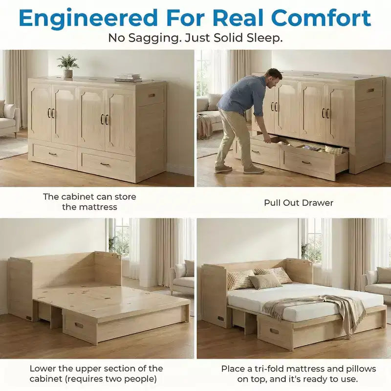 Mjkone Queen Size Convertible Murphy Cabinet Bed with USB Charging, Storage Drawers,No Mattress Included