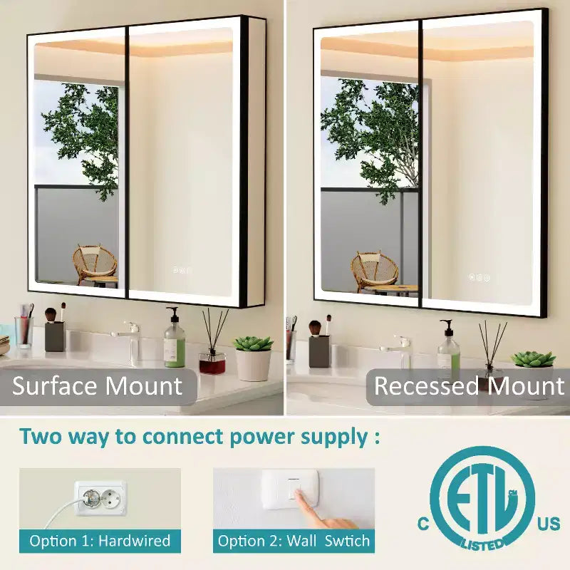 Bathroom Medicine Cabinet with LED Mirror, Surface or Recessed Mount, Dimmable Light, Anti-Fog, Adjustable Shelving