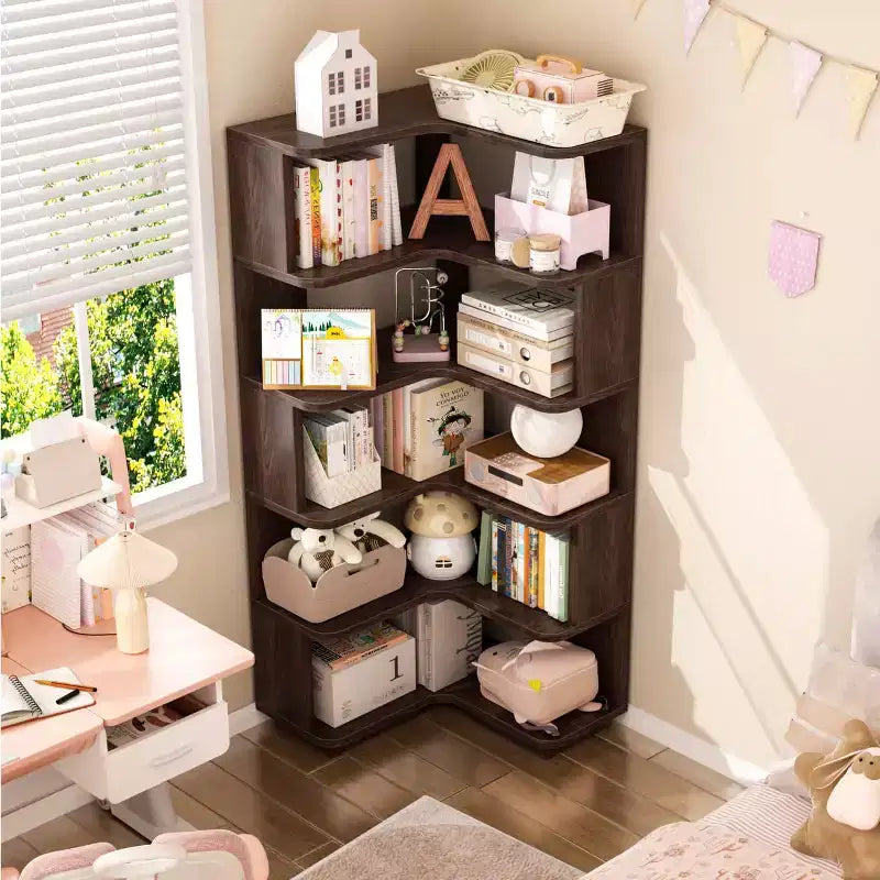 6-tier Corner Bookshelf, Space-saving Display Shelving Unit