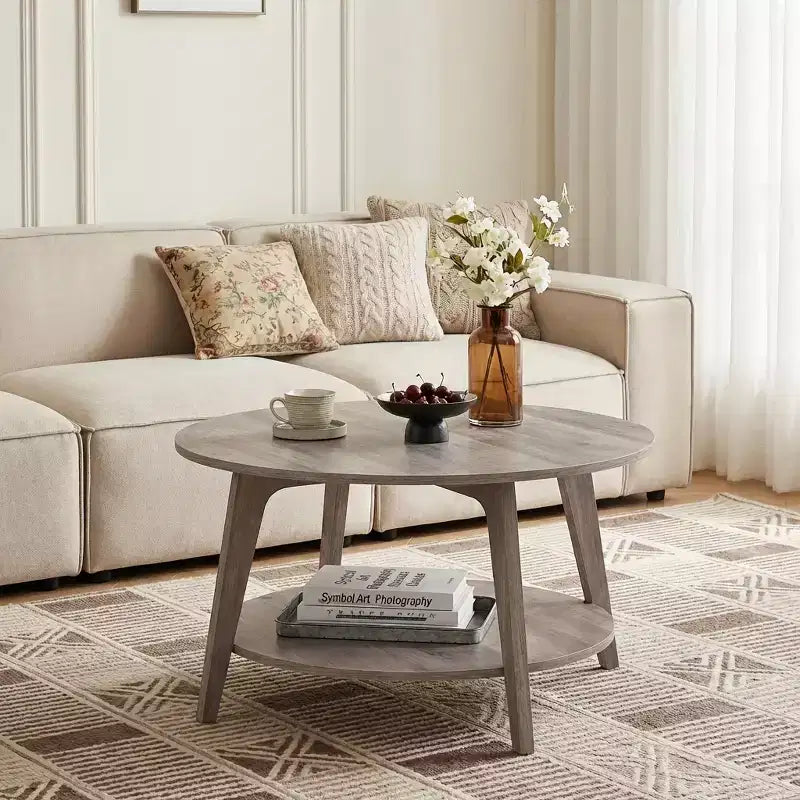 Honey Brown Round Coffee Table with 2 Tiers of Storage, Measuring 31.5 x 17.7 Inches, Ideal for the Living Room