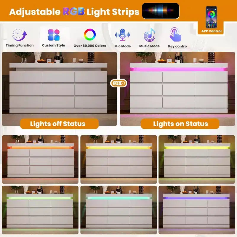 Kommode mit 9 Schubladen fürs Schlafzimmer, Schubladenschrank mit Ladestation und LED-Leuchten, doppelter Holzschrank zur Aufbewahrung, moderne Kommode und TV-Ständer