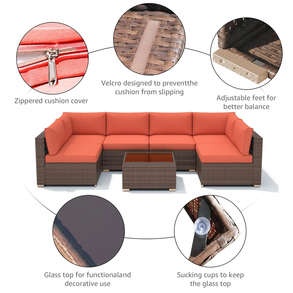 7-teiliges Outdoor-Sitzgruppen-Set aus Korbgeflecht und Stahl mit Polsterung