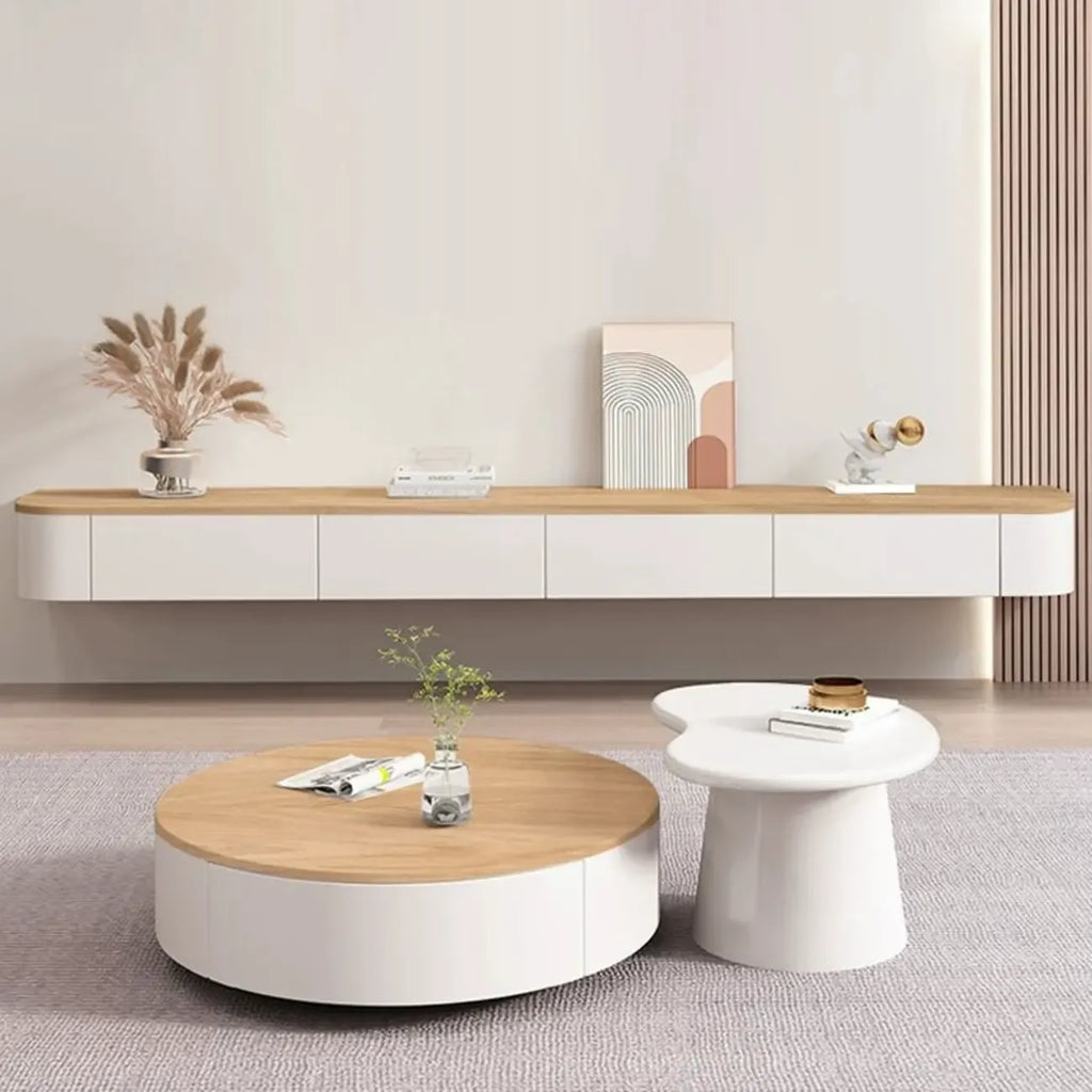 Meuble TV suspendu contemporain, long et blanc, en bois, avec tiroirs