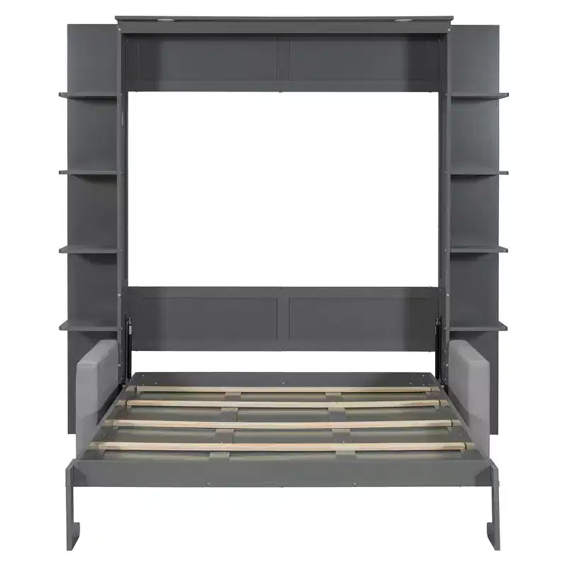 Lit escamotable mural Whisen au format queen, avec cadre en bois, canapé et étagères, au design moderne