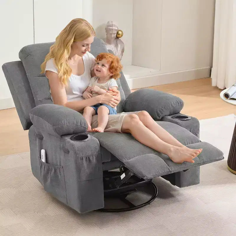 Draaibare relaxfauteuil met massage en warmte, 360°-schommelstoel met bekerhouders en zijvakken, ergonomische loungestoel voor woonkamer, camper en babykamer