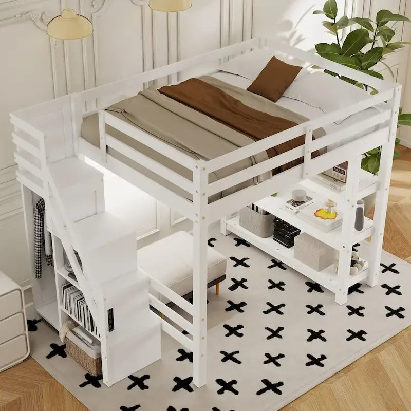 Hoch-/Etagenbett in Full-/Twin-Größe mit Stauraumtreppe – Regale, Kleiderschrank und LED-Beleuchtung, platzsparendes Design