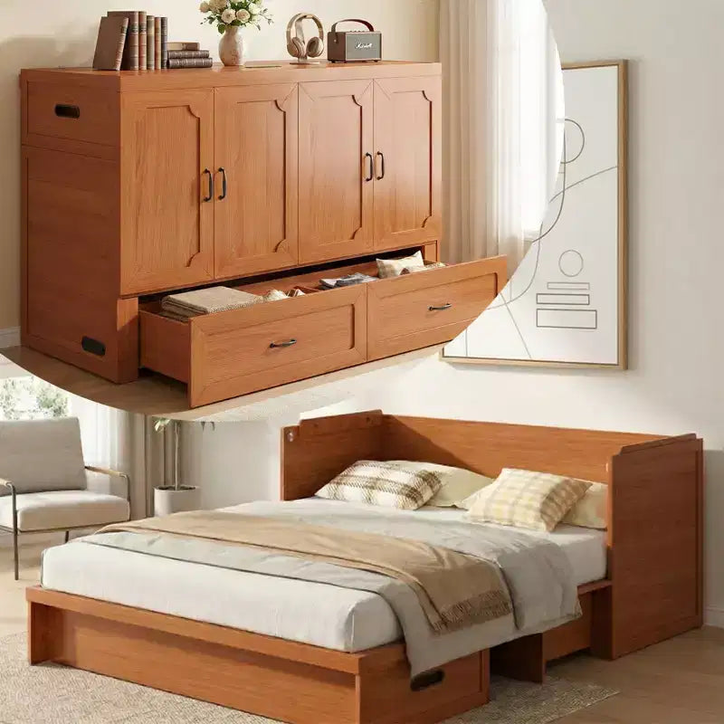 Mjkone Queen Size Convertible Murphy Cabinet Bed with USB Charging, Storage Drawers,No Mattress Included