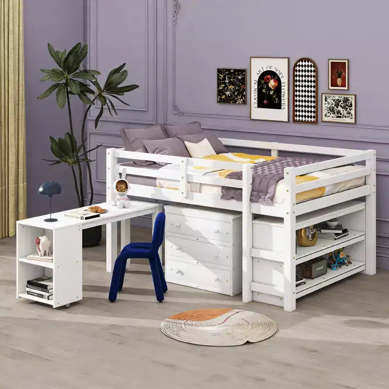 Full Size Low Loft Bed with Rolling Desk, 3 Drawers and Shelves