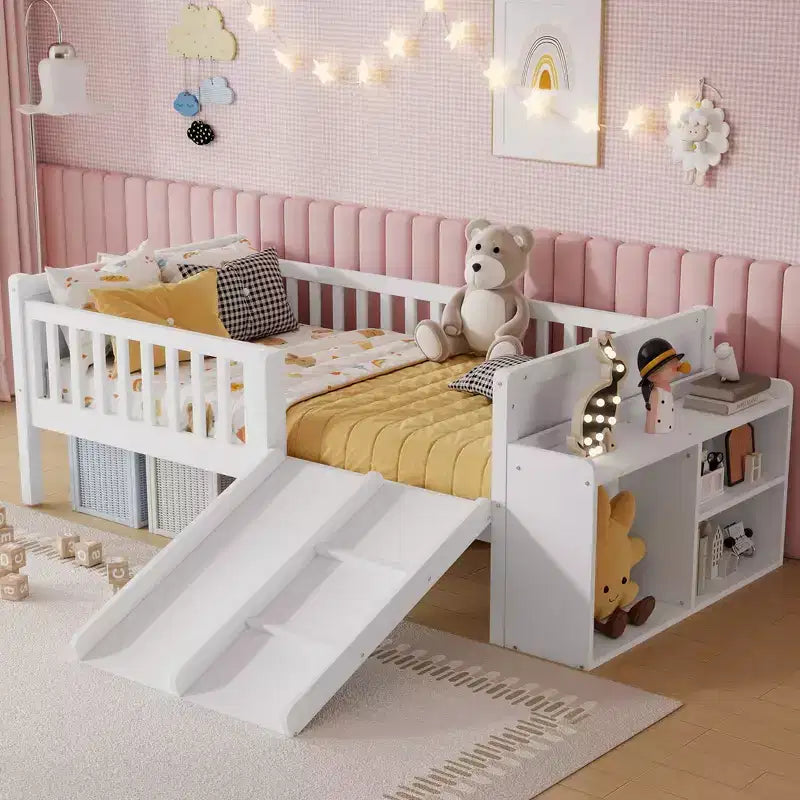 Whisen Twin Size Low Loft Bed Frame for Kids with Slide, Movable Bookshelf Storage, Guardrails, Low Loft Bed Frame