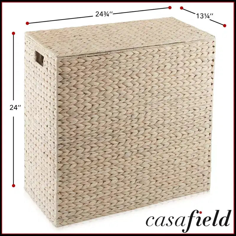 Casafield 2-Section Laundry Hamper with Lid and Removable Liner Bags, Woven Water Hyacinth Laundry Basket Sorter for Clothes