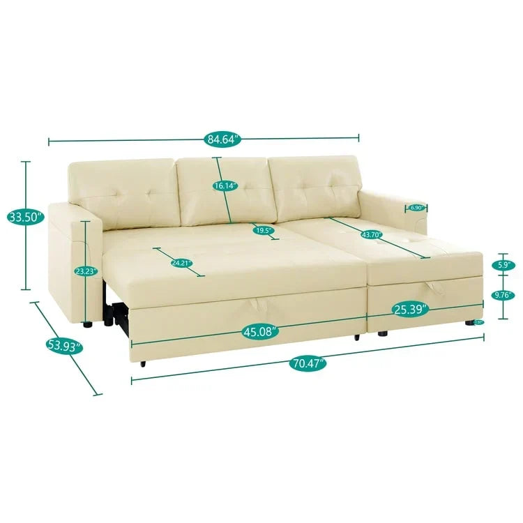 Divano componibile reversibile trasformabile con letto estraibile, chaise longue con contenitore nascosto e gambe resistenti