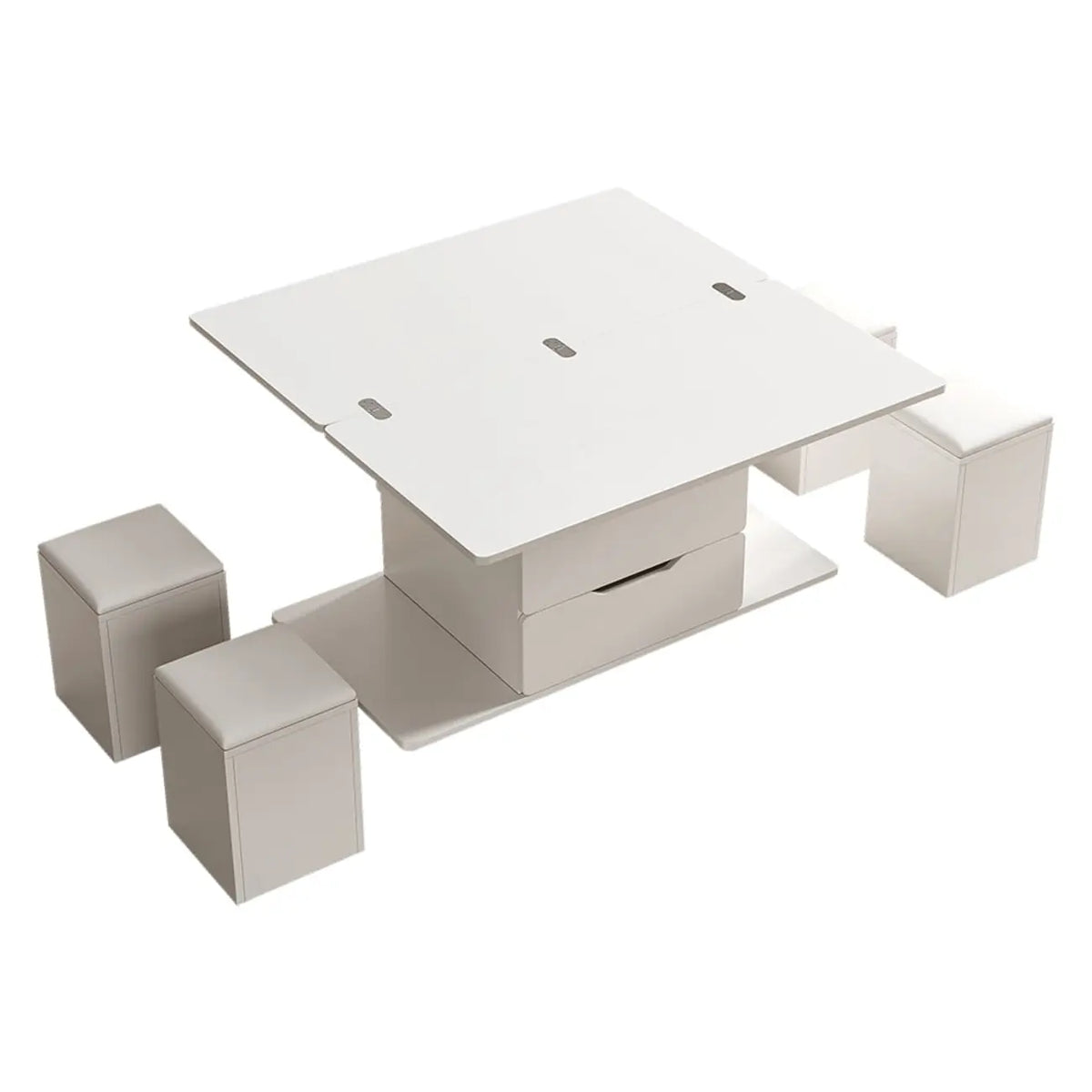 Klappbarer Couchtisch mit Hubfunktion, 4 Hockern und Stauraum