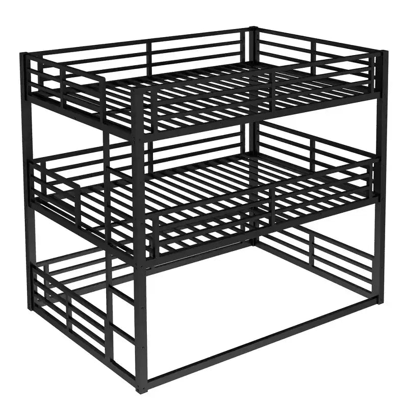 Full over Full over Full Bunk Bed, Metal Triple Bunk Bed with Safety Guardrails, Heavy-duty Bunk Bed with Noise-reduced Design, Black