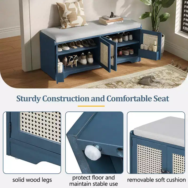 Whisen Rustic Wood Storage Bench, Entryway Shoe Bench with Removable Cushion, Adjustable Shelves