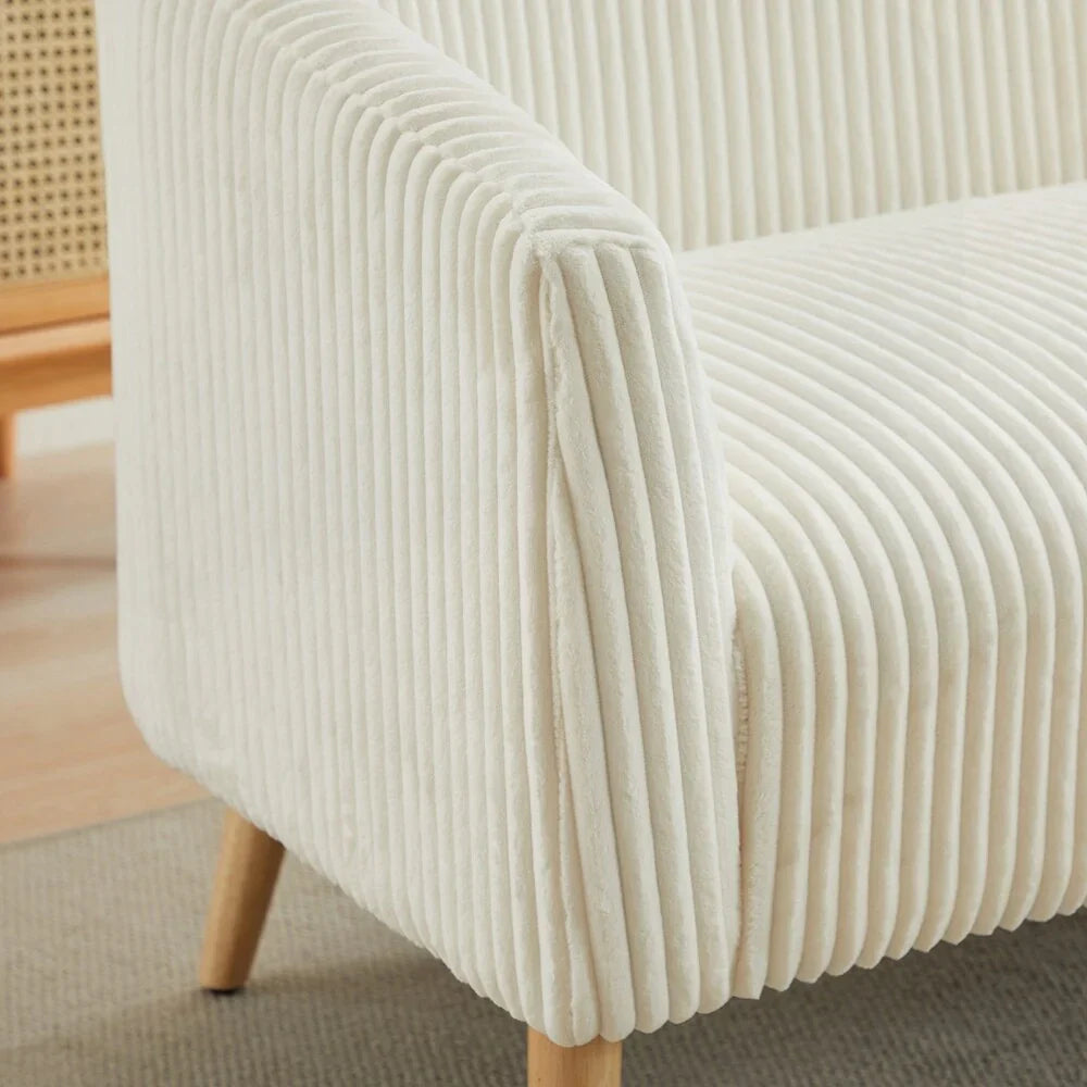 2-zitsbank met bekleding van corduroy en houten poten in walnootkleur