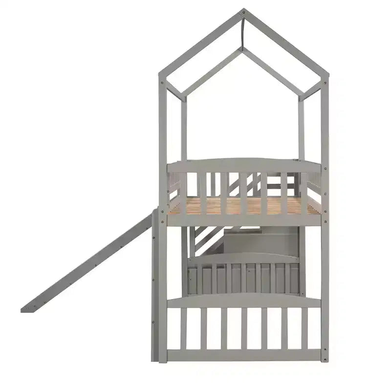 Twin House Loft Bed with Slide and Stairs, Loft Bed with Storage Drawers, Wood Cabin Loft Bed for Kids Toddlers