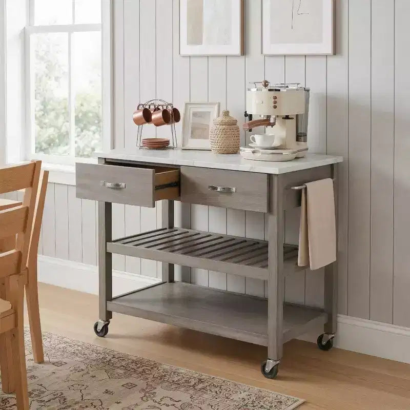 Rolling Kitchen Cart with Marble Top Solid Wood Kitchen Island Cart with 2 Drawers 3-Tier Kitchen Trolley with Lockable Detachable Wheels & Towel Rack