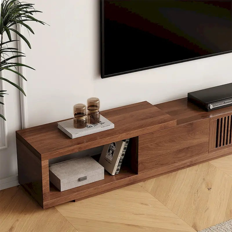 Meuble TV moderne rétractable et extensible avec 4 tiroirs, jusqu’à 103 pouces – 78.54P x 15.74L x 13.78H