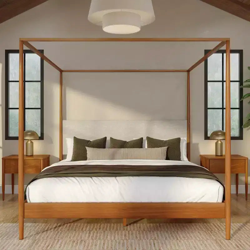 Letto king-size a baldacchino Harbor con testiera imbottita, biondo/Caffè svizzero (MD2411-01)