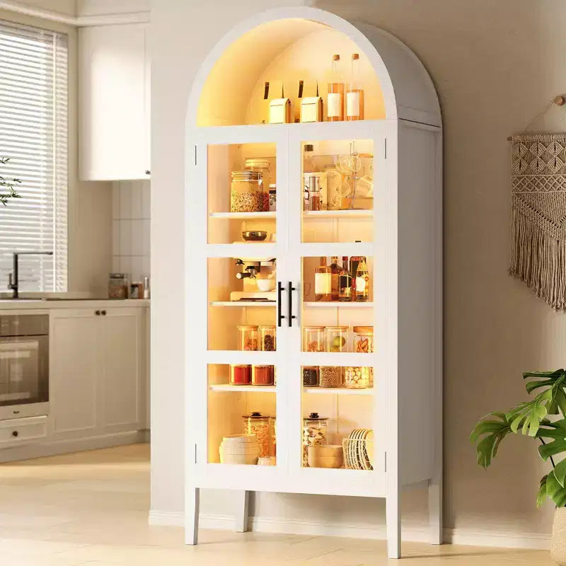 Mobile contenitore nero/bianco, stile ad arco, singolo, alto 71 con luci LED e ante in vetro