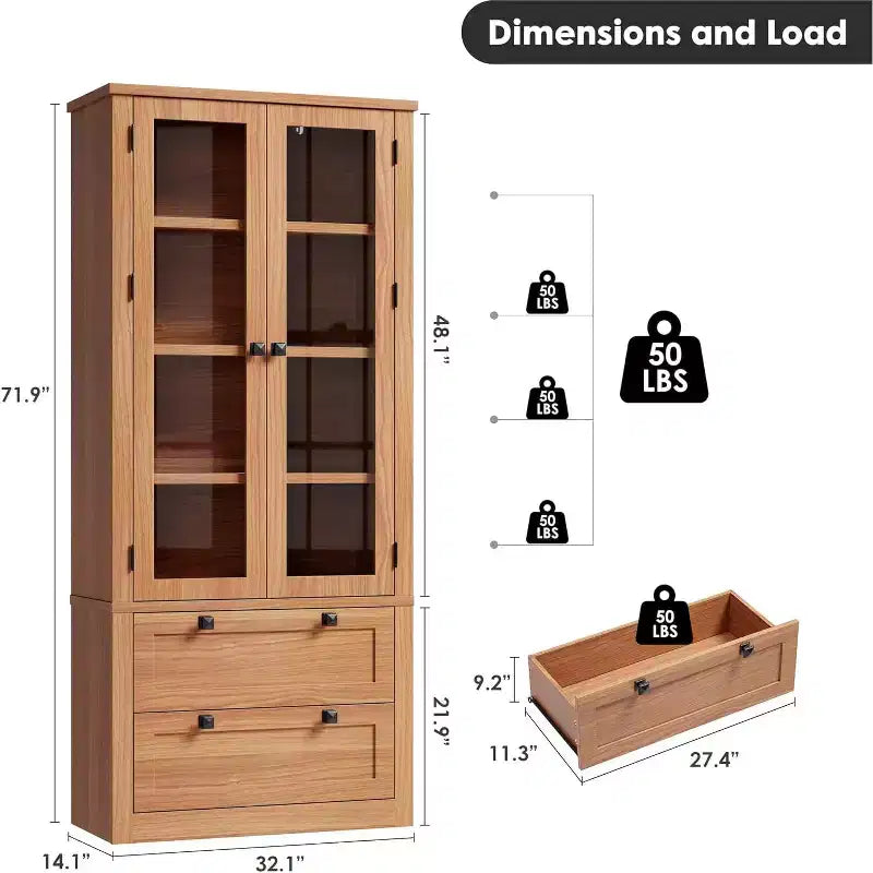 Farmhouse Kitchen Pantry Cabinet with Glass Doors, 72in Storage Cupboard with Drawers and Adjustable Shelves for Dining Room Bathroom Living Room