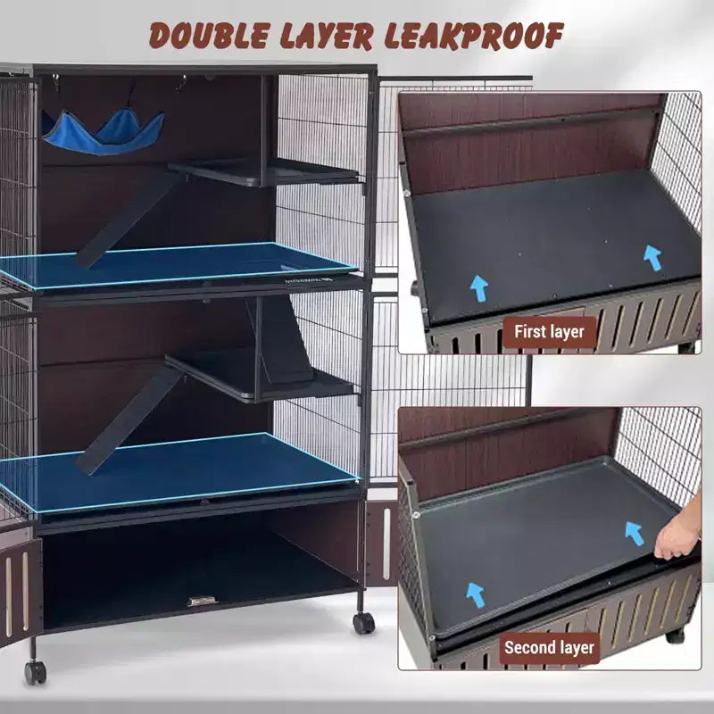 Kleine­dierenkooi, frettenkooi – leefruimte van 59 inch met 5 niveaus en opbergkast, inclusief hangmat, wielen, verwijderbare hellingen en eenvoudig te reinigen bakken