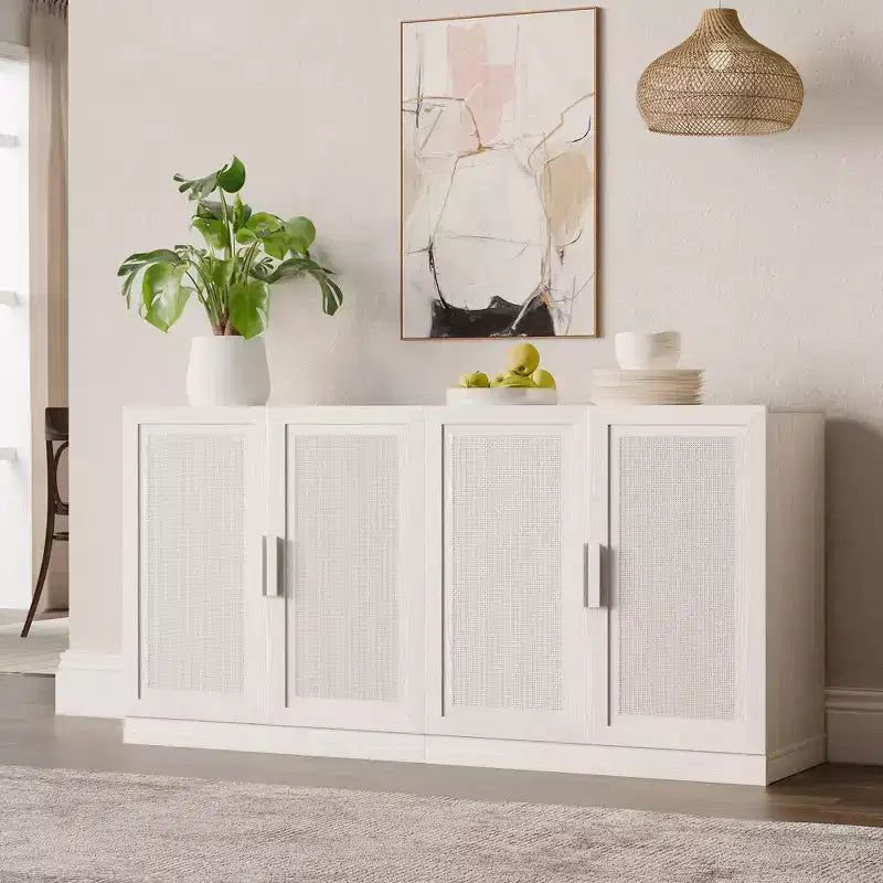 Set da 3 credenze contenitore con ante in rattan e ripiani regolabili - 93Lx31H