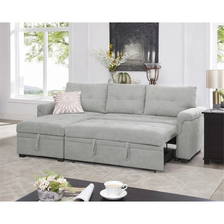 Divano componibile reversibile trasformabile con letto estraibile, chaise longue con contenitore nascosto e gambe resistenti
