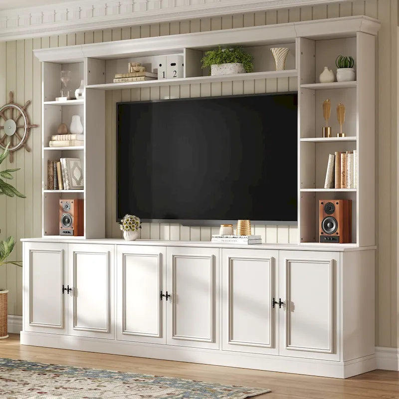 4-teiliges Entertainment-Center-Wandmöbelset mit Brücke für Fernseher bis 70 Zoll, TV-Ständer mit verstellbaren Regalböden, große Medienkonsole