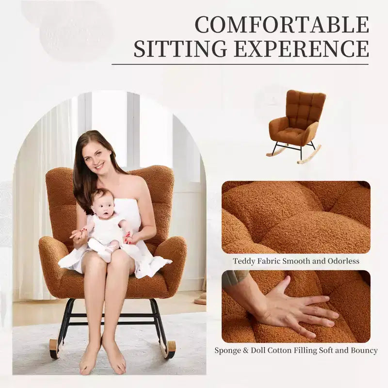 Nursery Rocking Chair, Living Room Glider Rocker for Breastfeeding, Comfy Accent Chairs for Bedroom, Plush Teddy Upholstered Armchairs Indoor