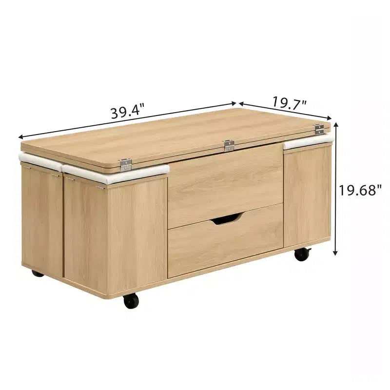 Table basse moderne multifonctionnelle relevable avec rangement dissimulé, 4 tabourets et roulettes, idéale pour les espaces de vie modernes