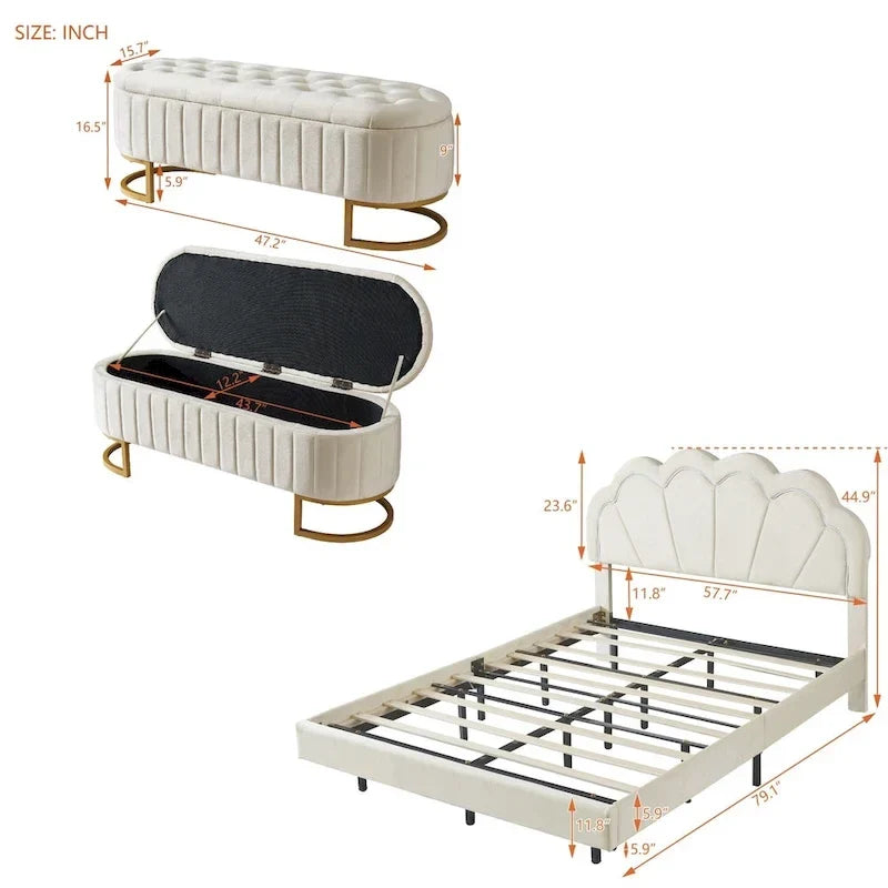 2-teiliges Schlafzimmer-Set: LED-Polsterbett in voller Größe mit Stauraumhocker