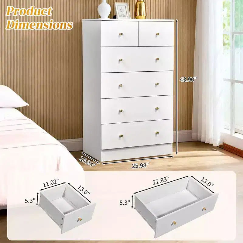 Karl Home nagy, 6 fiókos komód hálószobába és fiókos szekrény masszív szerkezettel, fa tárolórendszerező gardróbba, fehér