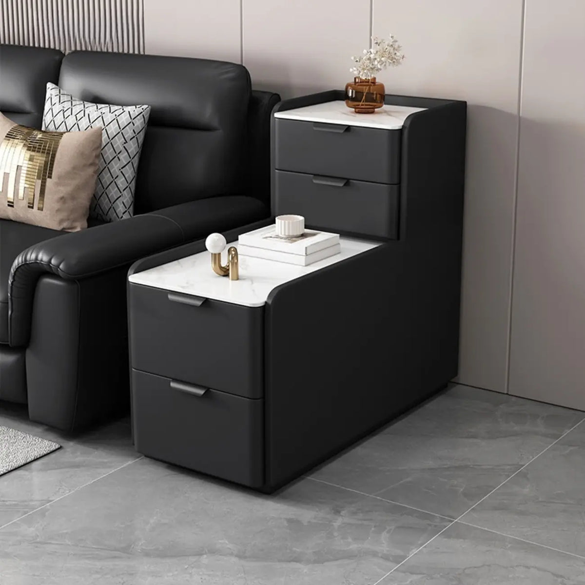 Tavolino laterale alto per divano, in legno a forma di L, con 4 cassetti e piano effetto pietra