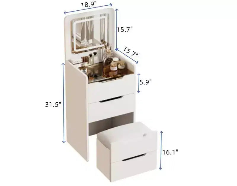 Okak 3-in-1-kaptafel met opklapbare spiegel, compacte kaptafel met zichtbaar glazen blad en gewatteerde kruk, kaptafelbureau voor de slaapkamer