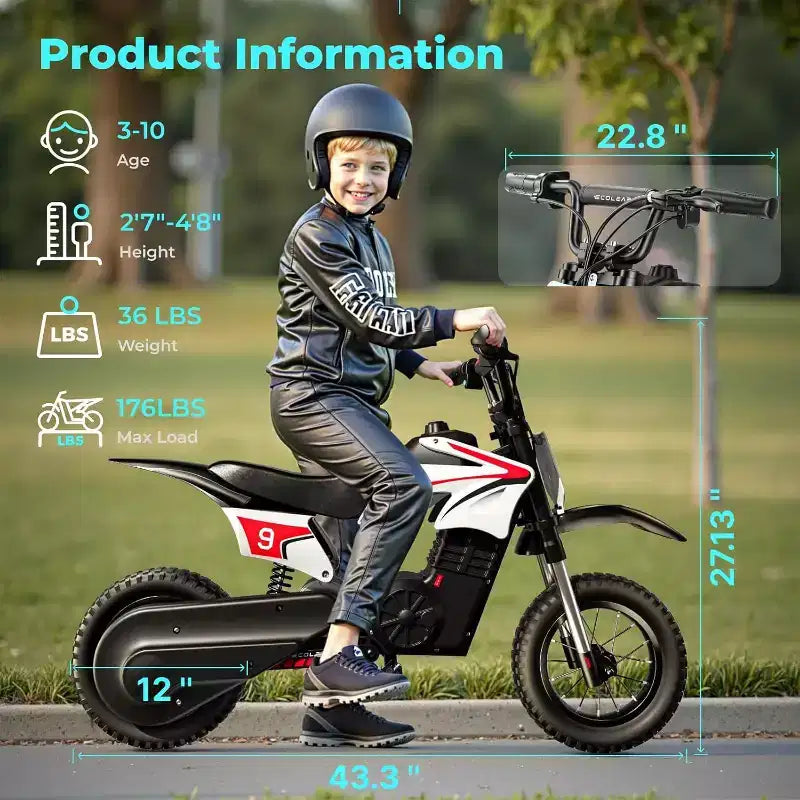 ECOLEAP K1 elektromos terepmotor gyerekeknek, 36 V, 16 MPH végsebesség, 14 mérföldes hatótáv, 700 W csúcsteljesítményű motor, 3 sebességfokozat, 12 terepgumi, UL, 3–10 éves korig