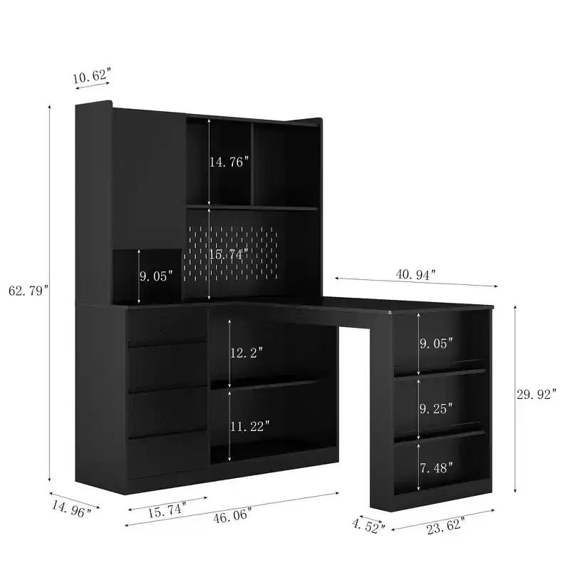 117-cm-Eckschreibtisch in L-Form mit Bücherregal und Schubladen