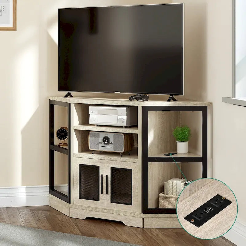 Meuble TV d’angle de style maison de campagne, centre de divertissement et console multimédia pour téléviseurs jusqu’à 55 po, avec prise électrique