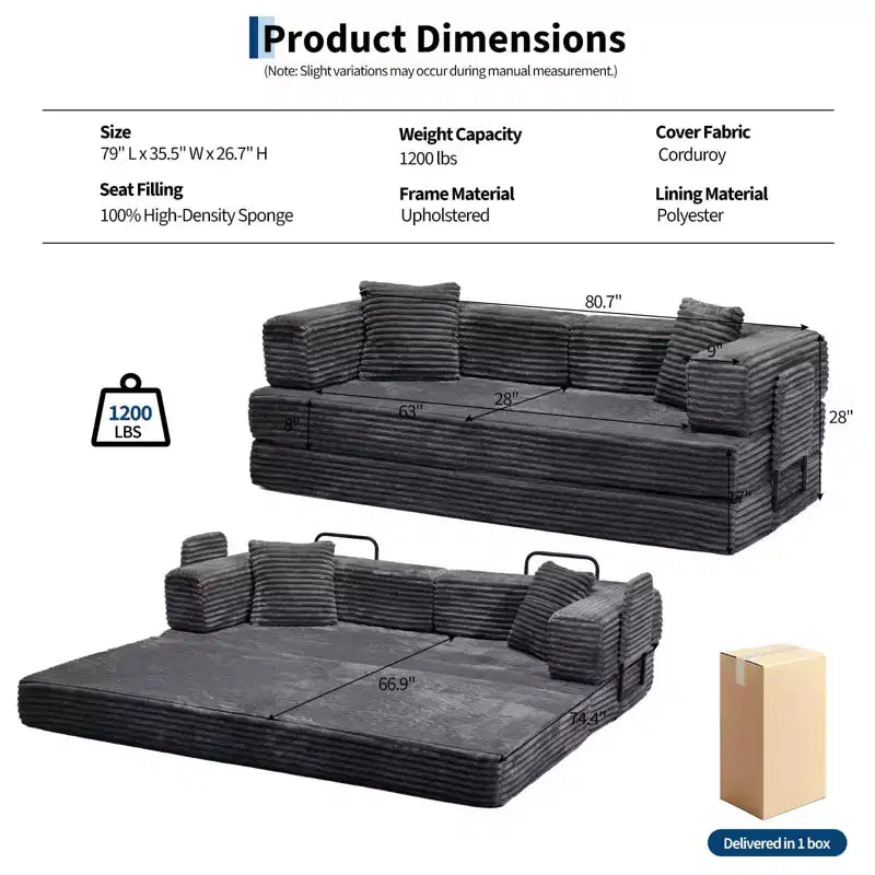 Sofá cama convertible 5 en 1 de 80,7, de pana, soporta 1200 lb, sin ensamblaje