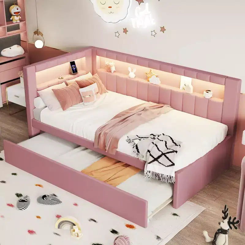 Daybed in Twin-/Full-Größe mit Ausziehbett und L-förmigem Bücherregal-Kopfteil, weiches Eckbett mit Leinenpolsterung, Ablagefächern und LED-Band