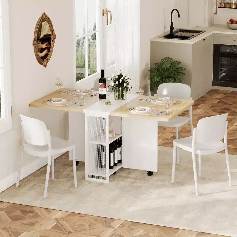 Inklapbare eettafel voor de keuken, ruimtebesparende eettafel, uitschuifbare keukentafel met neerklapbaar blad en 6 wielen voor kleine ruimtes