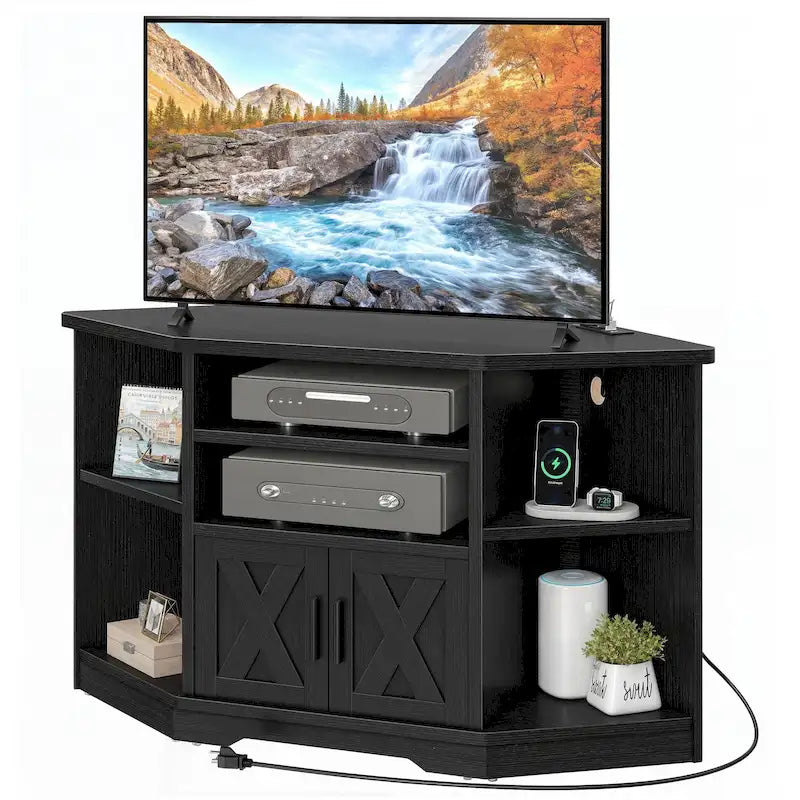 Meuble TV d’angle de style maison de campagne, centre de divertissement et console multimédia pour téléviseurs jusqu’à 55 po, avec prise électrique