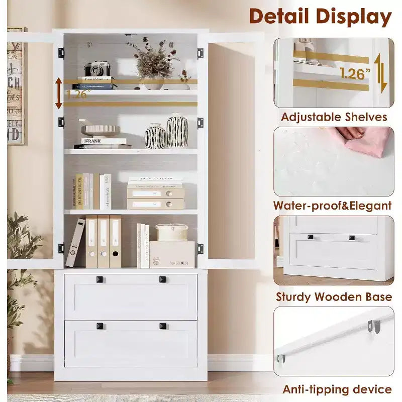 Farmhouse Kitchen Pantry Cabinet with Glass Doors, 72in Storage Cupboard with Drawers and Adjustable Shelves for Dining Room Bathroom Living Room