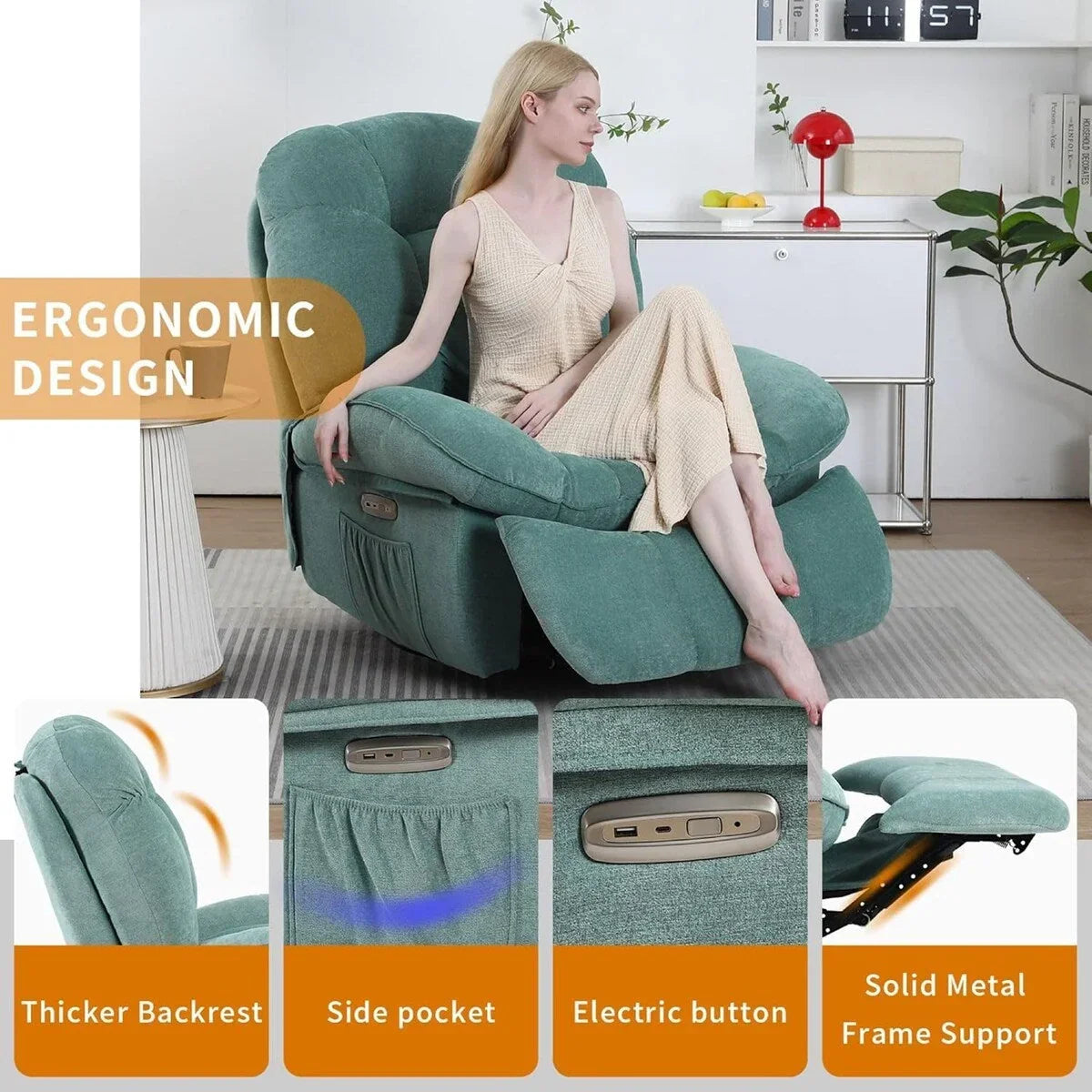 XINMICS draaibare elektrische relaxstoel, massagestoel met schommelstand, verwarming, USB, USB-C en zijvak